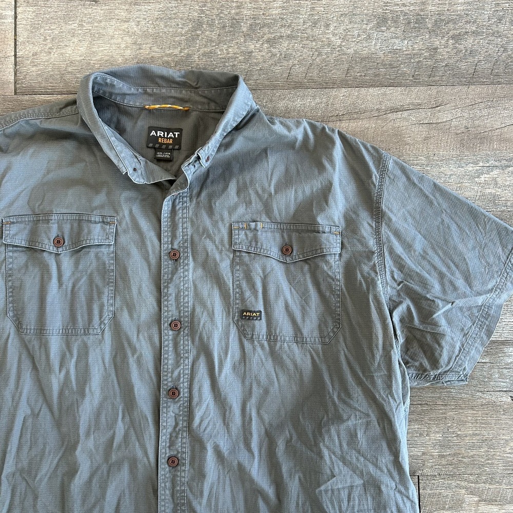 Ariat Rebar Mens Work Shirt Gray Button Front Short Sleeve Cotton Blend Sz 4XL
